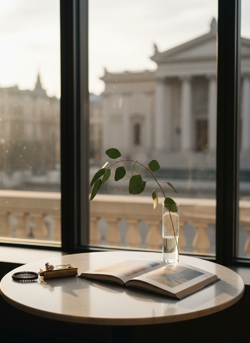 An elegantly curated round marble table stands in the corner of a quiet museum café, topped with a slim, open hardcover art book, a small brass museum guide device, and a single stem of eucalyptus in a clear glass vase. Behind it, floor-to-ceiling windows reveal a softly blurred cityscape and the distant outline of a historic museum façade. Late afternoon golden light pours in, creating warm highlights on the marble veining and subtle shadows from the eucalyptus leaf. Captured in photographic realism from a slightly elevated angle with shallow depth of field, the mood is refined and introspective, evoking adult conversation, cultural exploration, and quiet wonder between exhibitions.