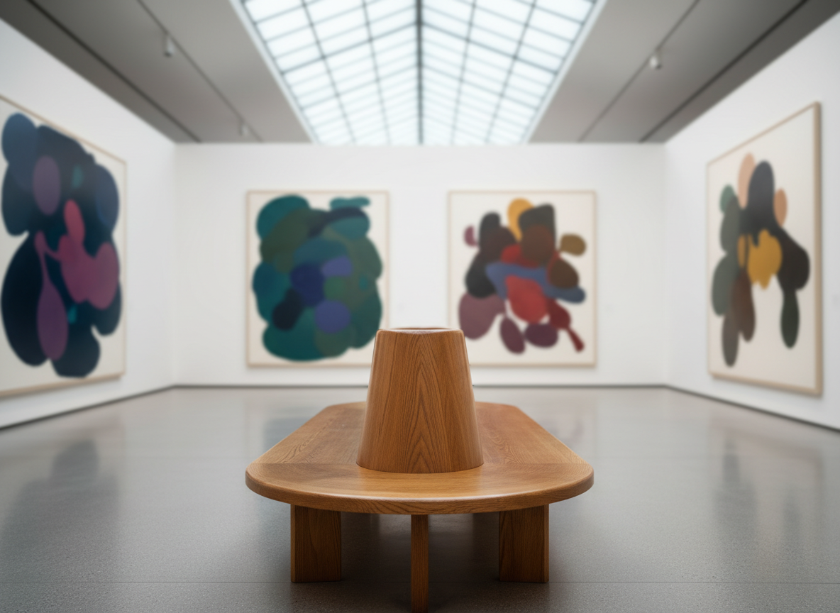 A polished oak museum bench with finely grained wood sits centrally in a spacious contemporary gallery, its smooth surface subtly worn from countless visitors. Surrounding it, large abstract paintings in muted jewel tones hang on pristine white walls, slightly out of focus. Soft, diffused skylight from a high glass ceiling bathes the scene, creating gentle reflections on the bench and a calm, contemplative atmosphere. Photographic realism at eye level, with the bench in crisp focus and the artworks pleasantly blurred, uses the rule of thirds to suggest an invitation to pause, reflect, and engage thoughtfully with culture in a sophisticated, global setting.