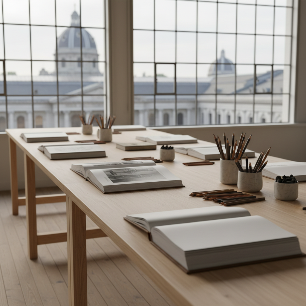A long, minimalist wooden worktable is arranged for an art-focused workshop in a bright studio space overlooking a city’s museum district. Neatly arranged on the table are high-quality sketchbooks, charcoal sticks, colored pencils, and a few open art history books displaying black-and-white reproductions. Beyond the large industrial windows, iconic museum rooftops and domes appear softly blurred. Soft morning overcast light fills the room, creating a gentle, even glow and barely-there shadows. Shot in photographic realism from a side angle along the length of the table, the composition uses leading lines to draw the eye toward the windows, evoking a sophisticated, quietly energetic atmosphere of creative exploration and shared cultural curiosity.