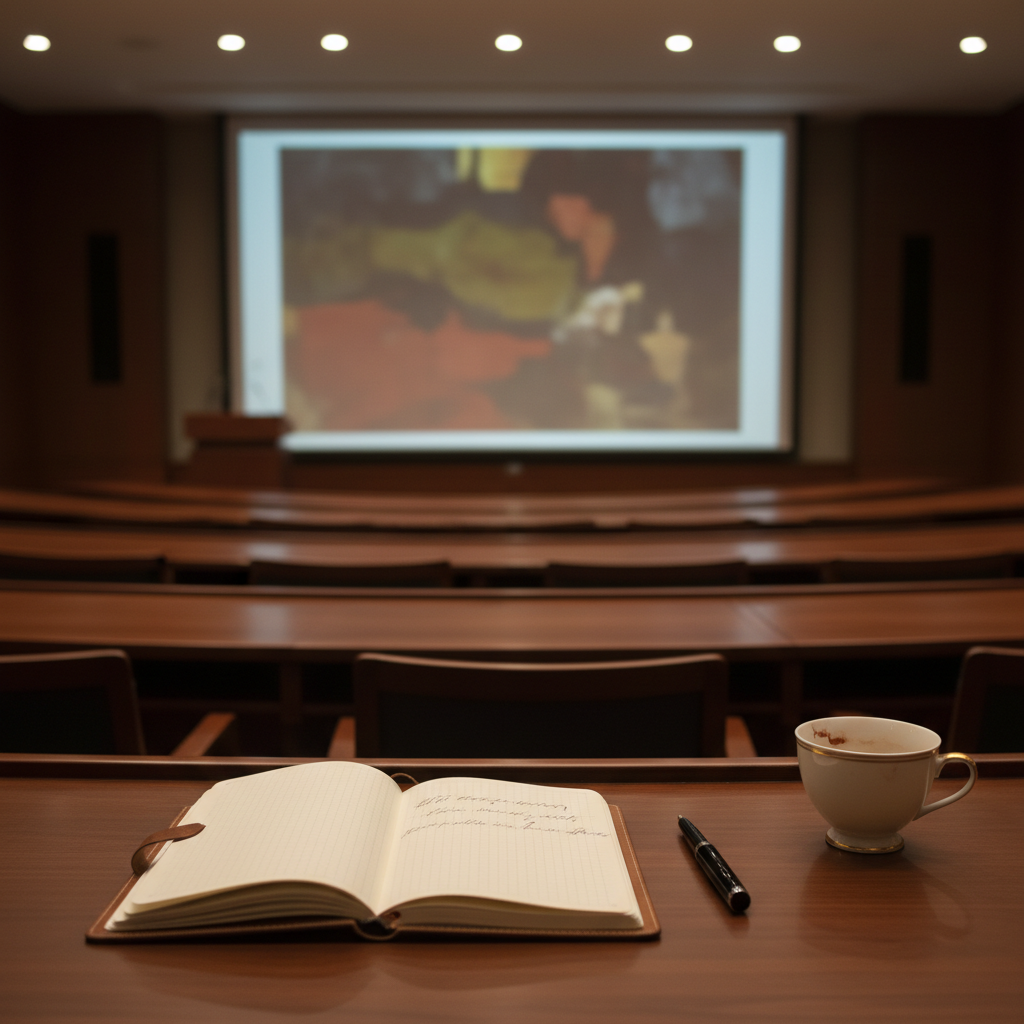 A refined lecture hall with tiered dark-wood desks faces a large projection screen displaying an out-of-focus artwork slide in rich, muted colors. On the nearest desk, a slim leather notebook lies open beside a fine black ink pen and a delicate porcelain cup with traces of tea at the rim. Discreet, warm ceiling lights bathe the room in soft, even illumination, casting gentle shadows along the desks. Photographic realism with a shallow depth of field keeps the notebook and cup in sharp focus, while the lecturer’s podium and screen remain blurred. The mood is intellectually engaging yet calm, suggesting thoughtful, adult-focused cultural discussion rather than formal academia.
