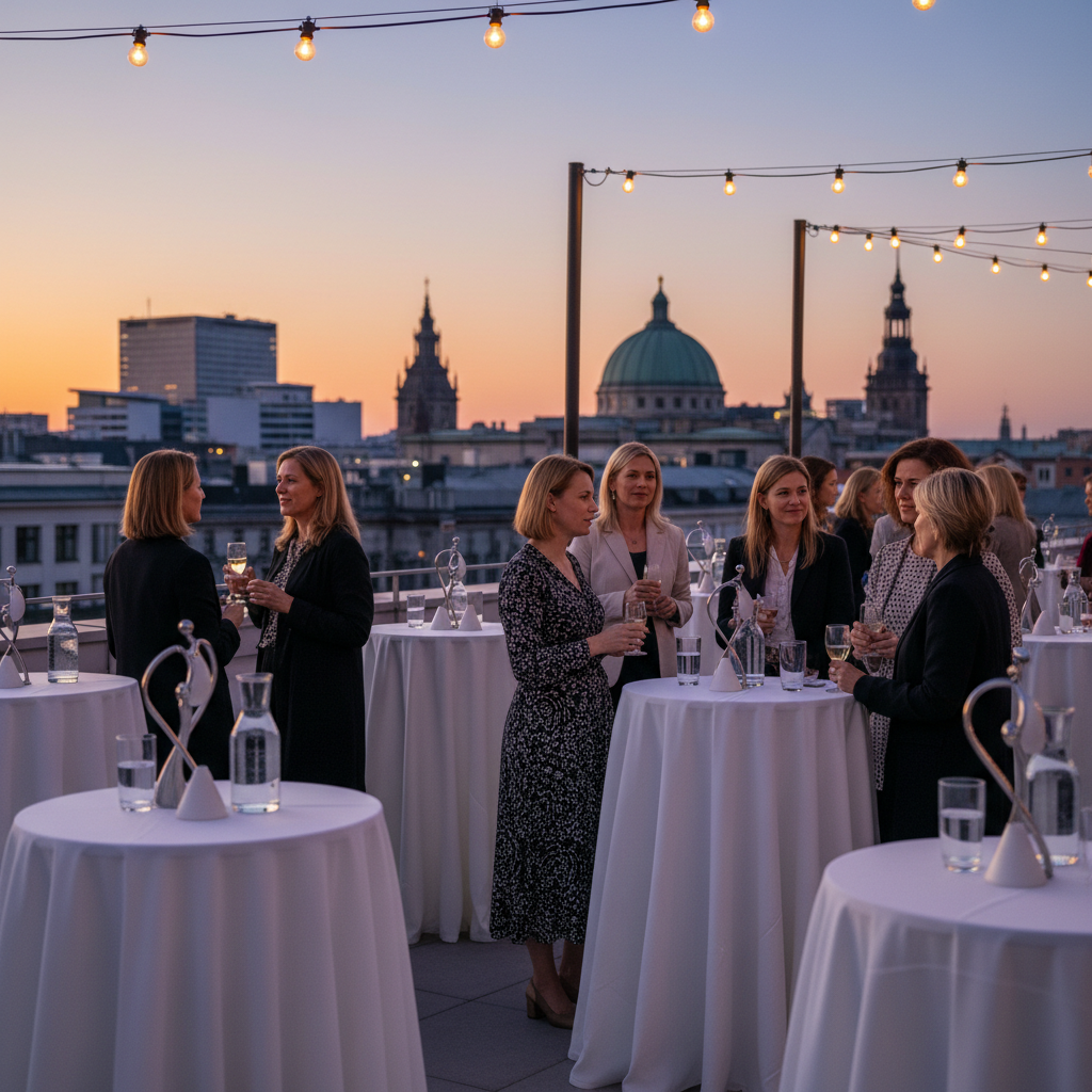 A sophisticated rooftop terrace event space overlooks a city skyline dotted with recognizable cultural landmarks, concert halls, and museum domes, all softly blurred in the distance. In the foreground, several tall bistro tables draped in linen are set with minimalist glass carafes of water, slim crystal tumblers, and small sculptural centerpieces inspired by modern art forms. Subtle string lights cross overhead, casting a delicate, warm glow that mingles with the last hues of sunset. Photographic realism from a slightly elevated, wide-angle view captures a poised yet welcoming atmosphere, suggesting an evening salon or cultural gathering where mothers might engage in thoughtful conversation under the open sky.